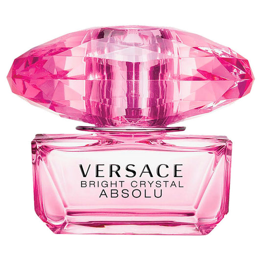 Pink Versace perfume bottle with diamond-shaped cap on a white background