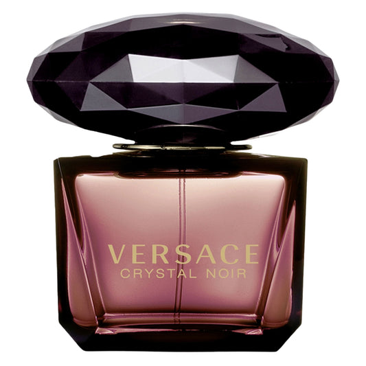 Versace Crystal Noir perfume bottle with a purple gemstone cap on a white background