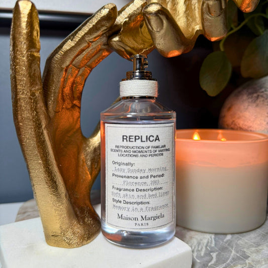Maison Margiela Lazy Sunday Morning luxury perfume decant styled lifestyle photo – authentic at FragraDiva