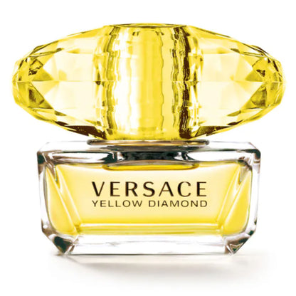Versace Yellow Diamond perfume bottle with a yellow gemstone on a white background