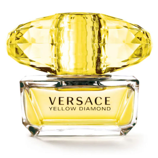Versace Yellow Diamond perfume bottle with a yellow gemstone on a white background